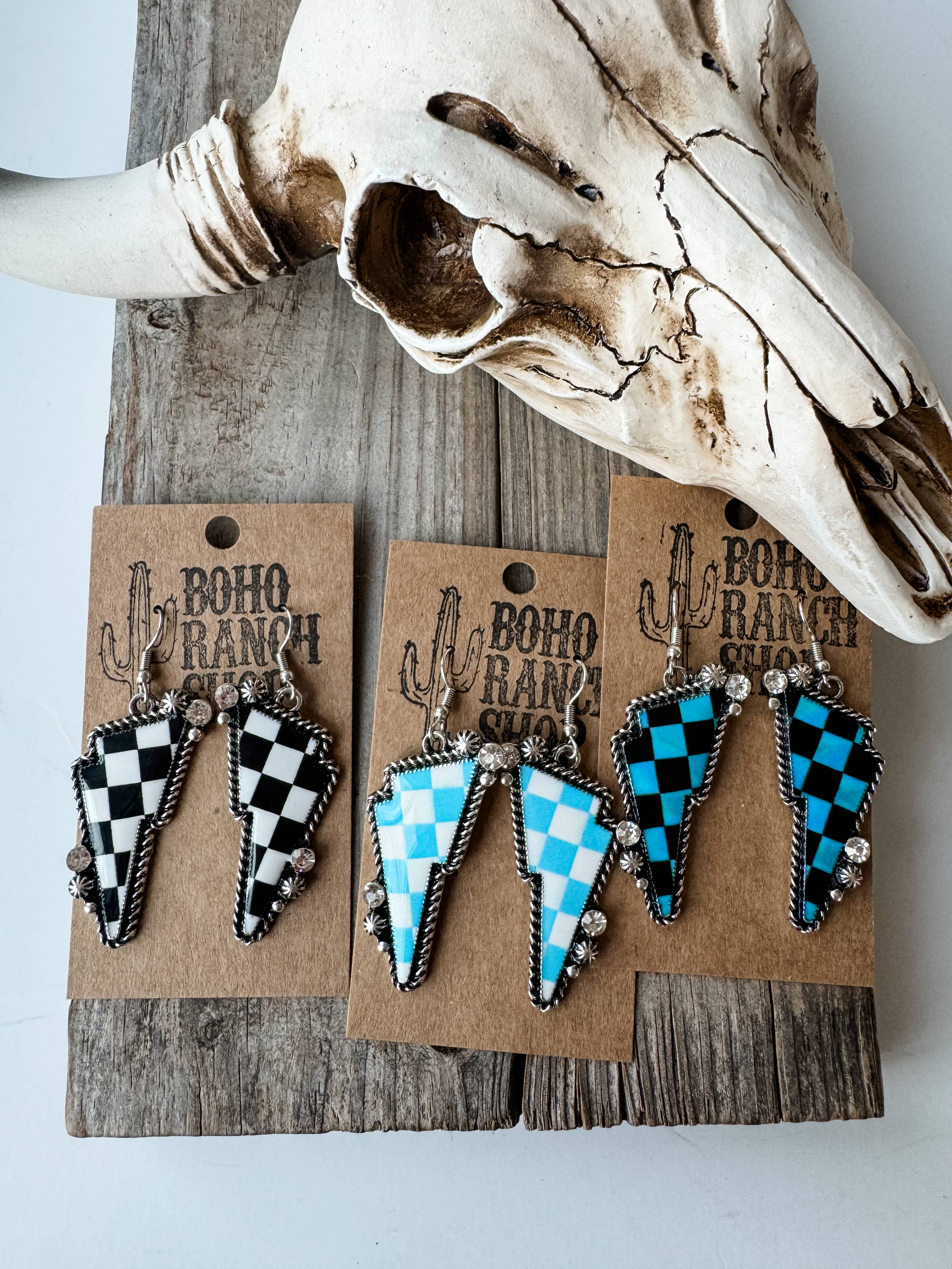 Western Checkered Lightning Bolt Thunder Earrings