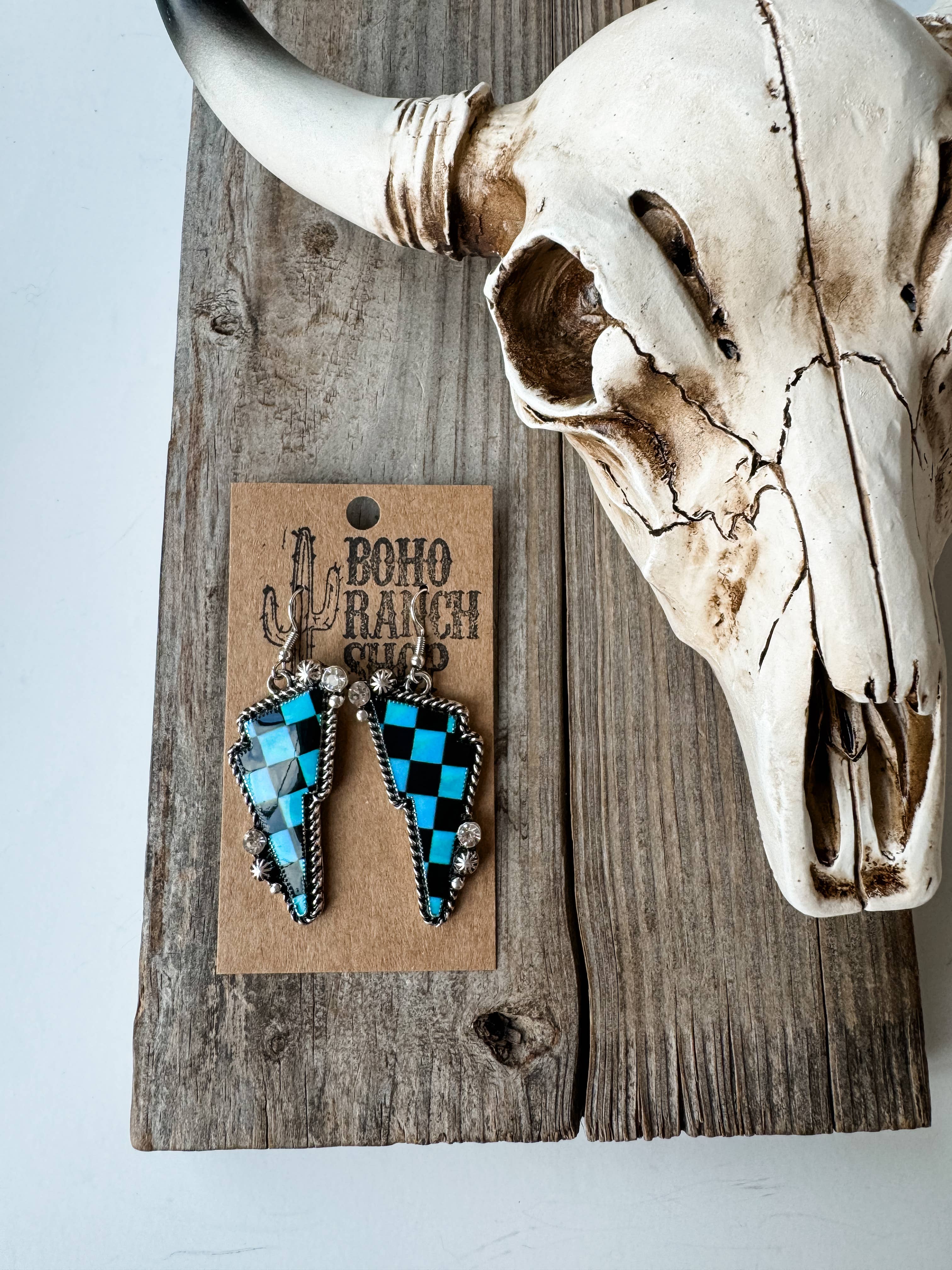Western Checkered Lightning Bolt Thunder Earrings