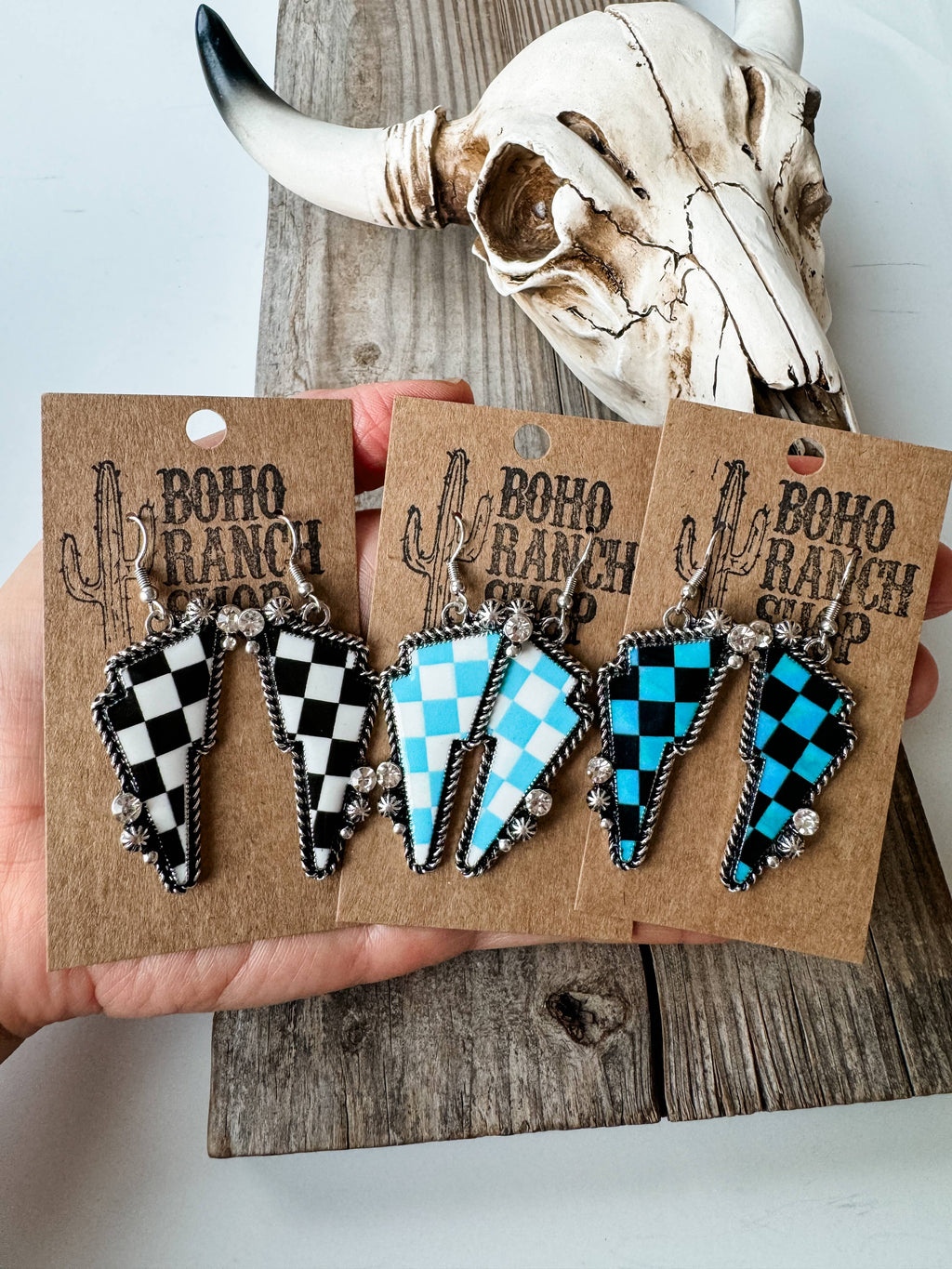 Western Checkered Lightning Bolt Thunder Earrings